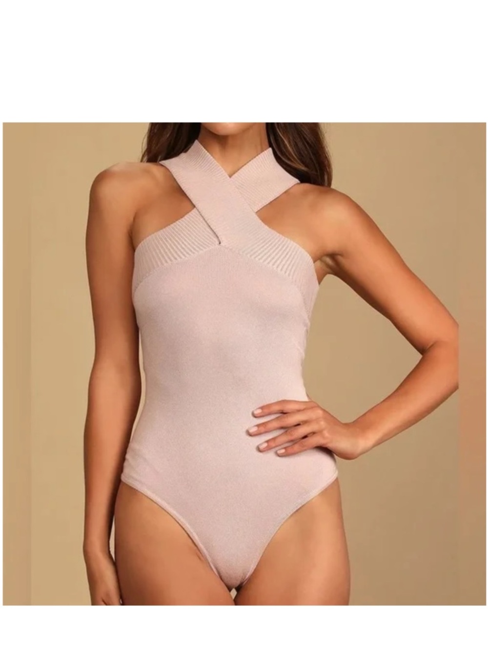 Lulu's Pale Pink Ribbed Halter Bodysuit